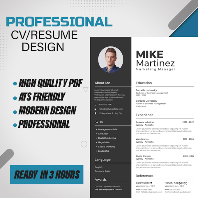 Gig Preview - Be your  professional cv maker, resume, coverletter design in 3 hrs