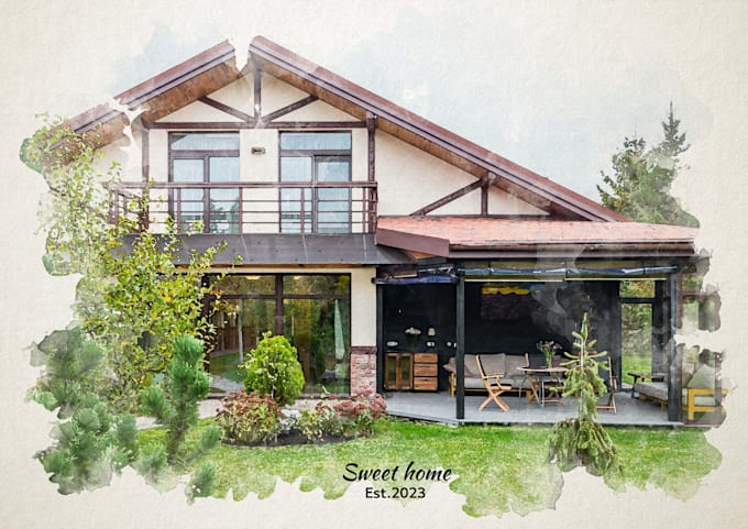 Gig Preview - Create a portrait of your sweet home in digital format in watercolor style