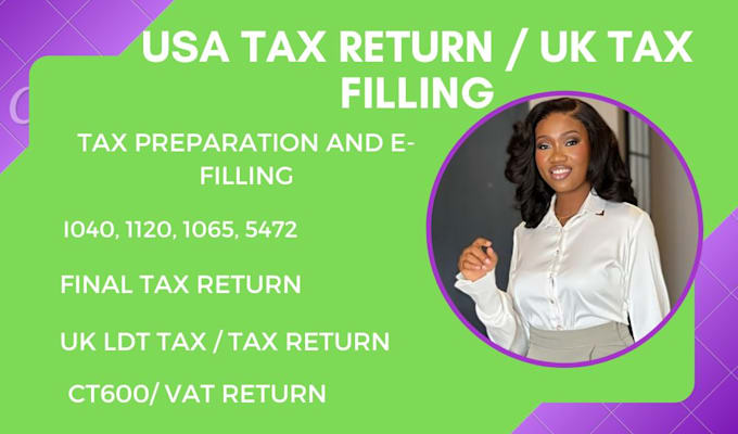 Gig Preview - Do us tax return, file form 1040, 1120, 1065, 5472  and uk ltd tax  hmrc