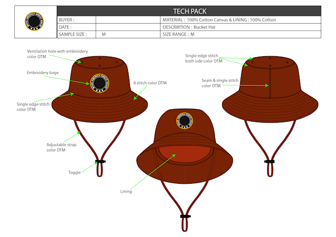 Gig Preview - Design bucket hat and cap tech pack