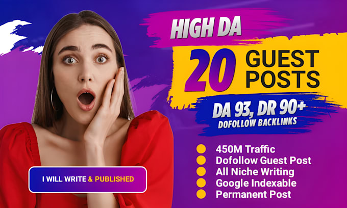 Gig Preview - Publish 20 guest posts on high da 90 sites with contextual dofollow backlinks