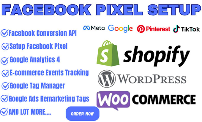 Gig Preview - Setup meta facebook pixel shopify, conversion API, ga4, GTM, fix pixel wordpress