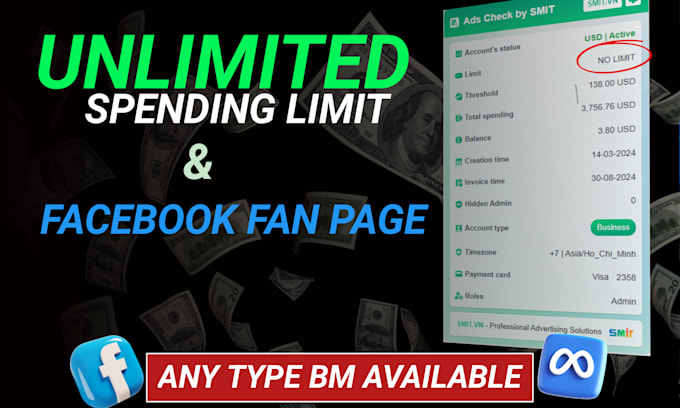 Gig Preview - Create unlimited spending limit facebook business manager and ads account