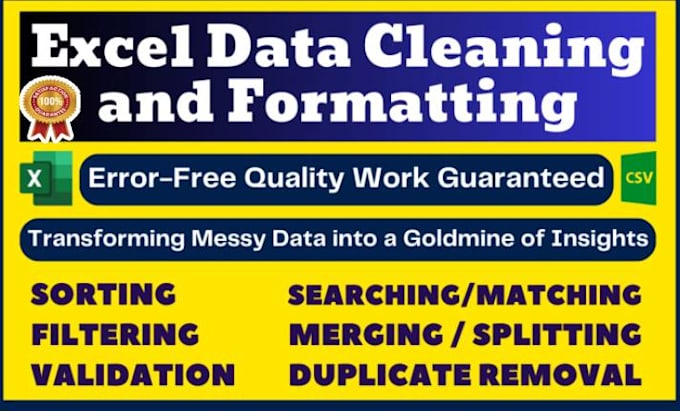 Gig Preview - Ms excel data cleaning and formatting, merging, splitting, sorting, deduping,