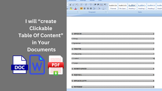 Gig Preview - Add a table of contents in your PDF or word documents