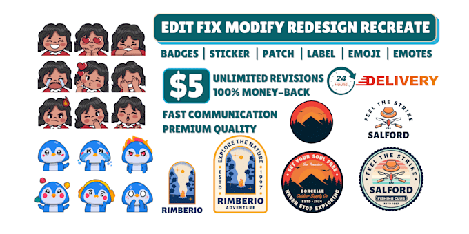 Gig Preview - Edit fix modify redesign recreate logo badges sticker patch label emoji emotes