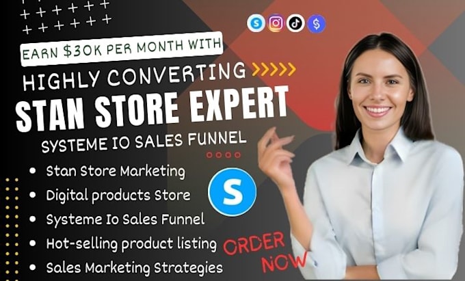 Gig Preview - Systeme io sales funnel stan store design, stan store marketing digital products