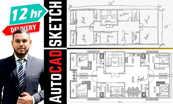 Gig Preview - Be draftsman, architect to redraw sketch, PDF to cad, autocad, blueprint in 4 hr