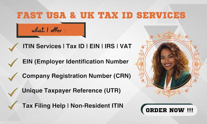 Gig Preview - Do US and UK tax id, itin, ein with irs, vat registration, crn with hmrc