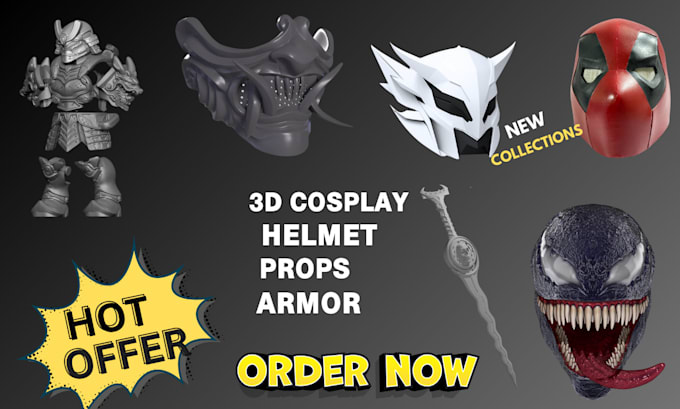 Gig Preview - Design a wearable armor cosplay helmet mask, weapon and props for 3d printing