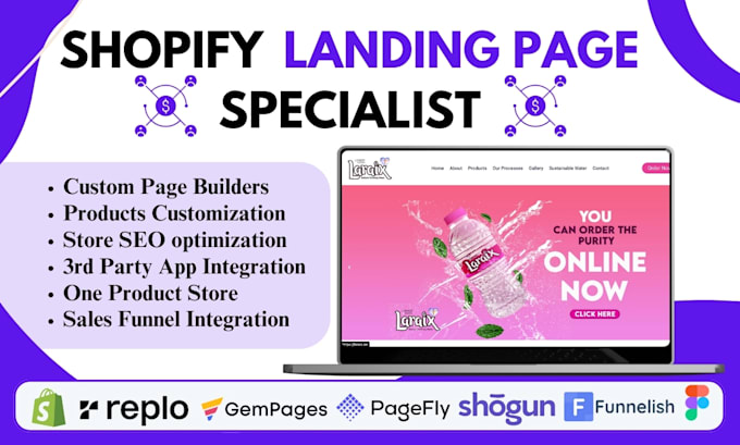 Gig Preview - Setup shopify product landing page on gempages funnelish, replo, shogun, pagefly