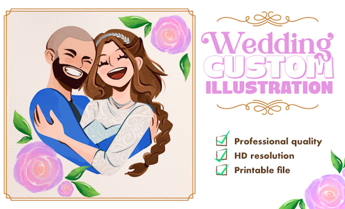 Gig Preview - Draw wedding portrait, cute couple illustration