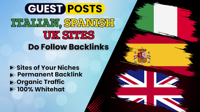 Gig Preview - Provide guest post dofollow links on italian, spanish and UK sites