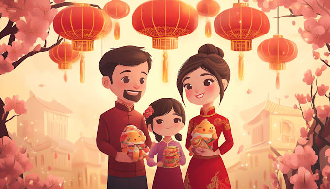 Gig Preview - Illustrate a detailed lunar new year family portrait