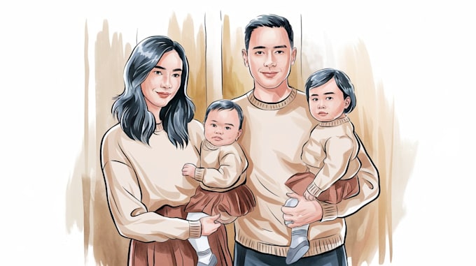 Gig Preview - Draw a family, couple or group portrait with digital watercolor painting