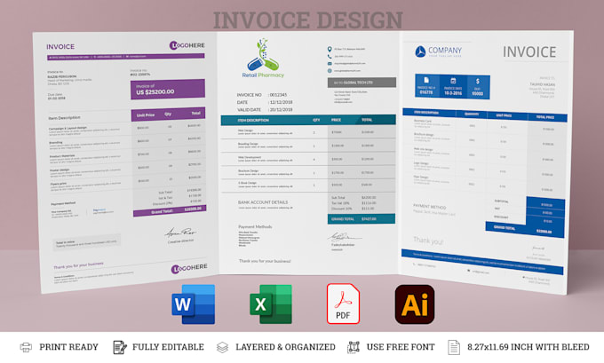 Gig Preview - Do a professional custom invoice template design in excel, word, and PDF