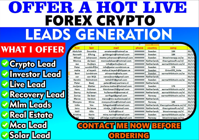 Gig Preview - Generate fresh, hot, live crypto forex leads, mca lead, investor leads, b2b lead