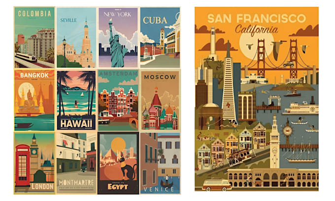 Gig Preview - Make art deco retro vintage travel poster vintage posters landscape illustration