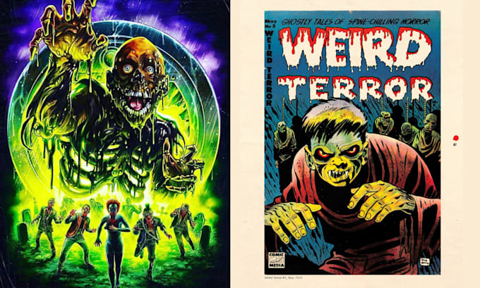 Gig Preview - Illustrate retro vintage horror movie poster, comic art, event album music flyer