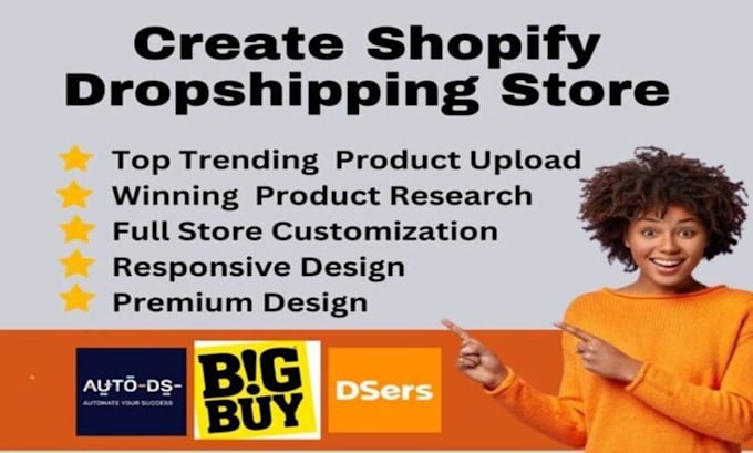 Gig Preview - Design automated shopify dropshipping redesign store via auto ds, bigbuy, dsers