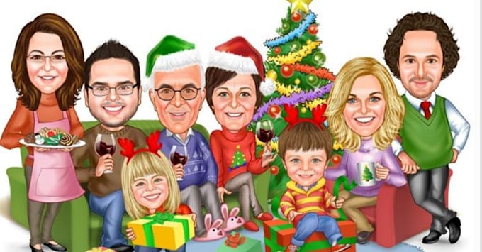 Gig Preview - Design group and family christmas caricature cartoon sweater tshirt animation