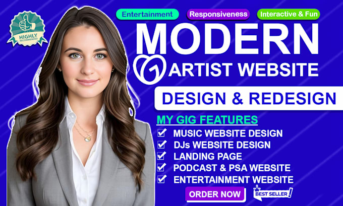 Gig Preview - Do modern artist website, dj ecommerce website, godaddy website, music website