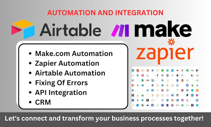 Gig Preview - Do make com automation, fix errors in make, zapier, airtable and api integration