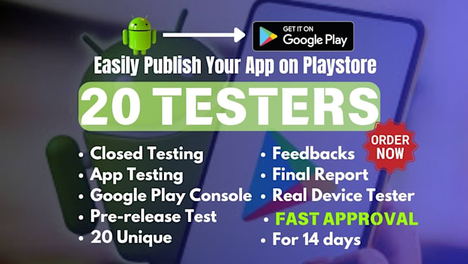 Gig Preview - 20 testers google play closed app testing 20 app testers 20 device in 14 days