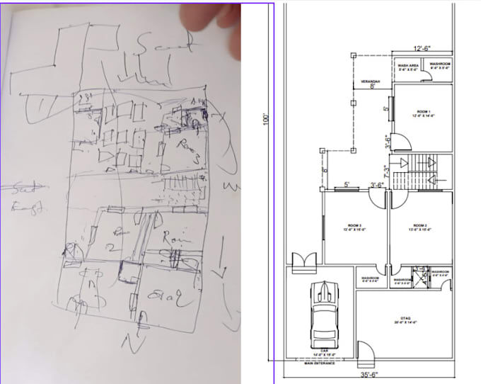 Gig Preview - Convert to sketch plan to  2d autocad plan