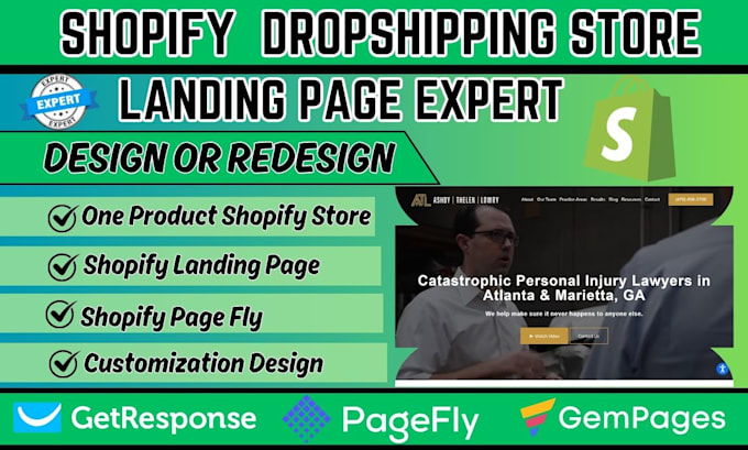 Gig Preview - Create shopify pagefly landing page gempages landing page, shogun, getresponse