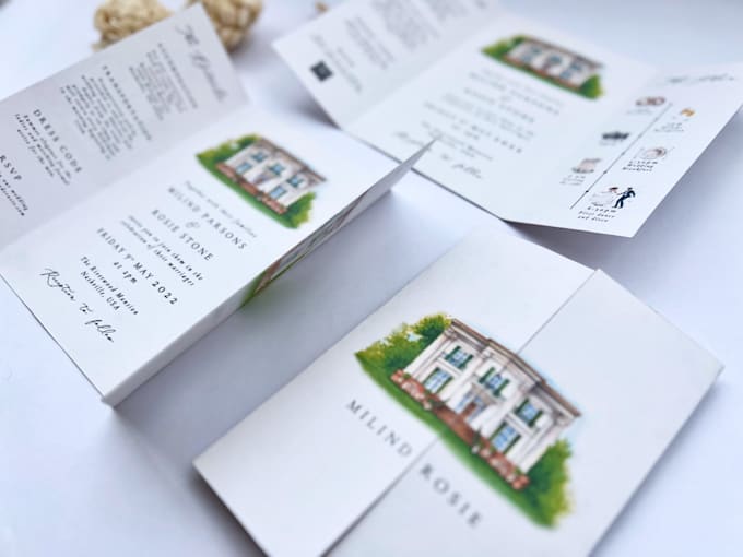 Gig Preview - Custom watercolor trifold window folded wedding invite venue or booklet card