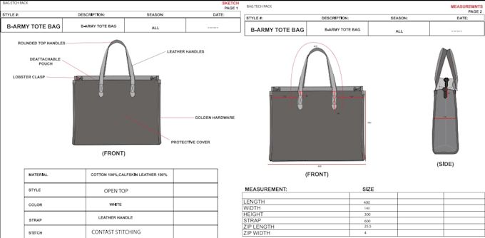 Gig Preview - Design bag tech pack, tote bag, flat sketch, bag tech pack, bags, handbag design