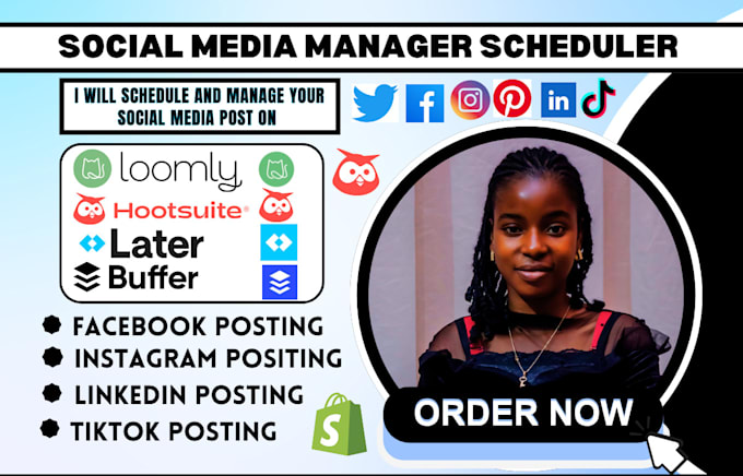 Gig Preview - Schedule social media post and design via hootsuilt loomly buffer and socialbee