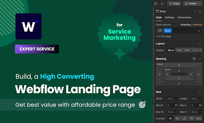 Gig Preview - Design and develop a webflow landing page for your service marketing