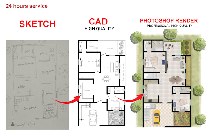 Gig Preview - Render floor plan, elevation, section and master plan in photoshop