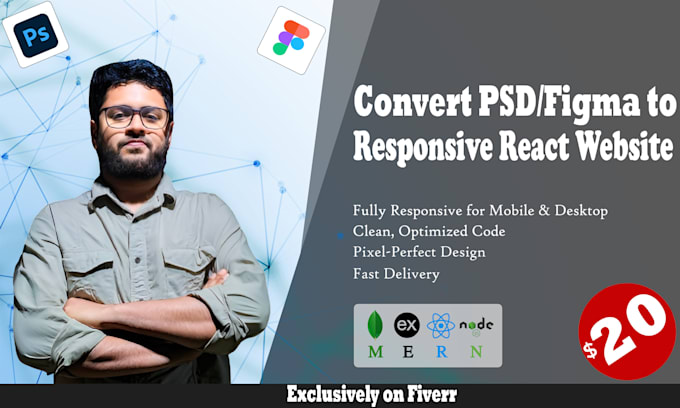 Gig Preview - Convert PSD or figma to responsive react website with mern stack