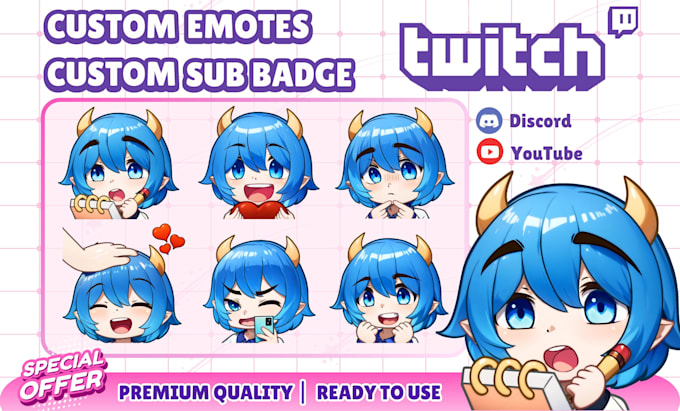 Bestseller - draw cute chibi emotes or sub badge for twitch, discord, kick, vtuber, stream