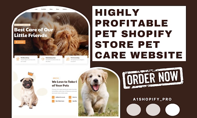 Gig Preview - Design pet shopify store pet shop veterinary clinic pet food pet care website