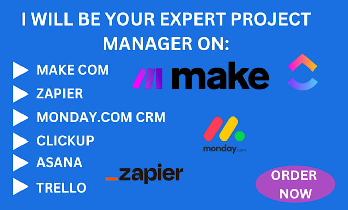 Gig Preview - Setup monday com crm, clickup trello asana automate make com, zapier