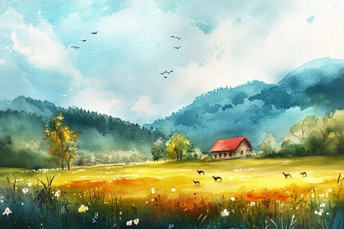 Bestseller - draw landscape drawing with watercolor painting illustration