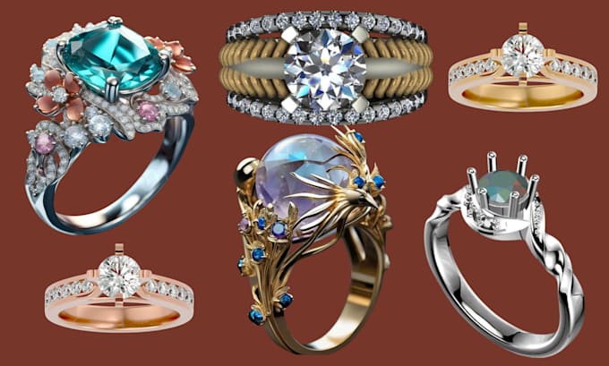 Gig Preview - 3d jewelry design cad 3d model rings jewelry  pendant realistic render 3d prints