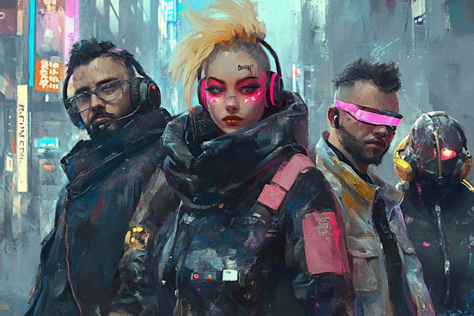 Gig Preview - Make cyberpunk style group portrait painting