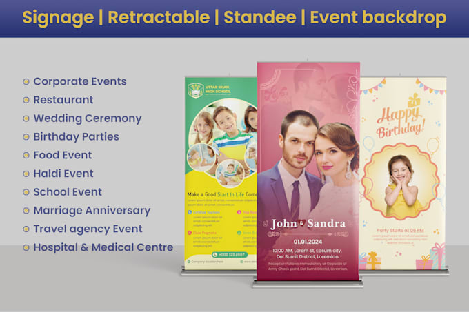 Gig Preview - Retractable standee event backdrop roll up pull up banner sandwich board design