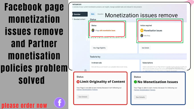 Gig Preview - Facebook page monetization remove issues in 15 minute