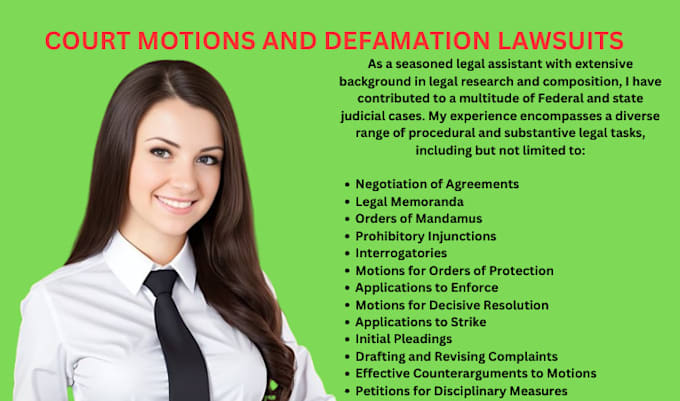 Gig Preview - Be lawyer for court motions, lawsuits, complaints, petitions or appeals