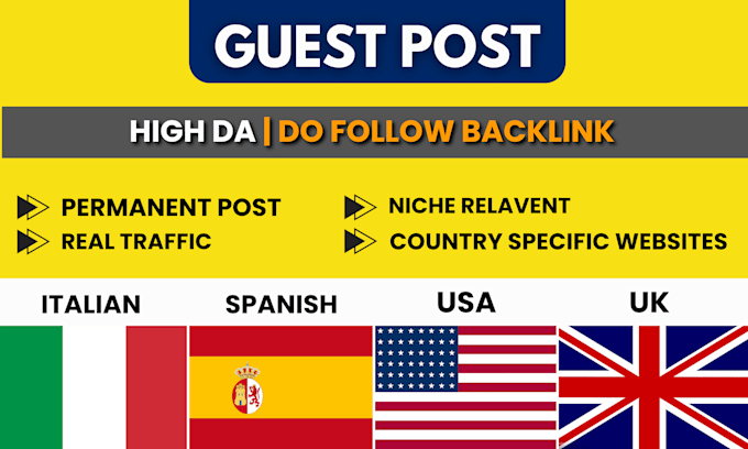 Gig Preview - Provide high da dofollow guest post links on italian, spanish, UK and USA sites