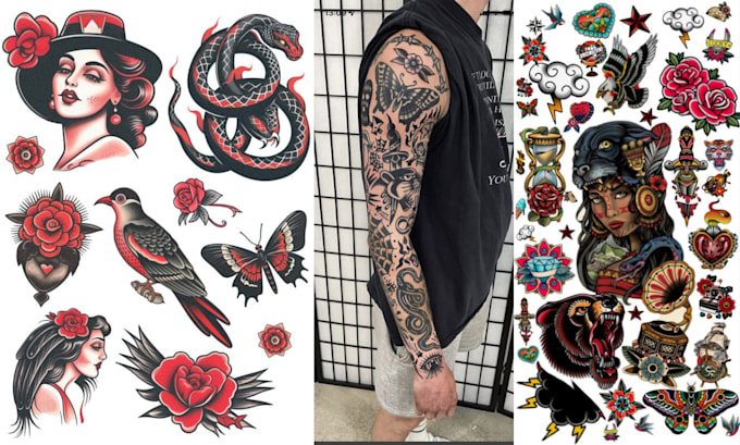 Gig Preview - Draw black white color custom tattoo design tattoo sleeve tattoo tshirt vintage