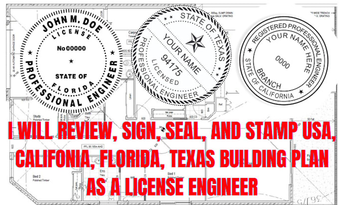 Gig Preview - Review, sign, seal, and stamp USA,ca, fl, tx building plan as a license engineer