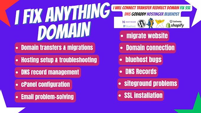 Gig Preview - Connect, redirect, transfer domain, fix dns, SSL, godaddy, bluehost, hostinger