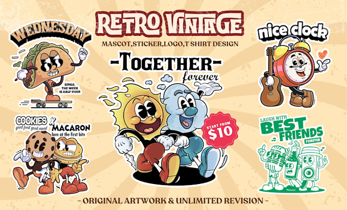 Gig Preview - Draw classic vintage retro cartoon mascot illustration for your t shirt design